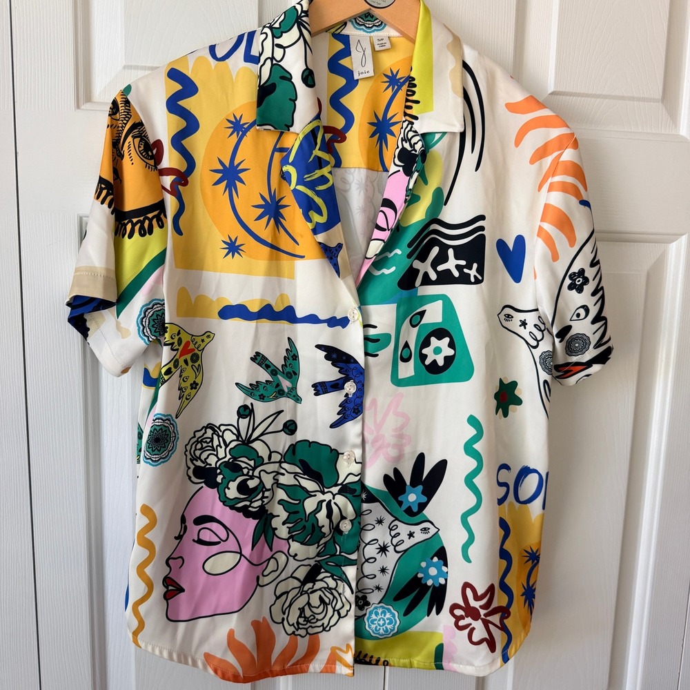 Joie Womens Abstract Art Celestial Sun Face Short Sleeve Button Down Blouse S